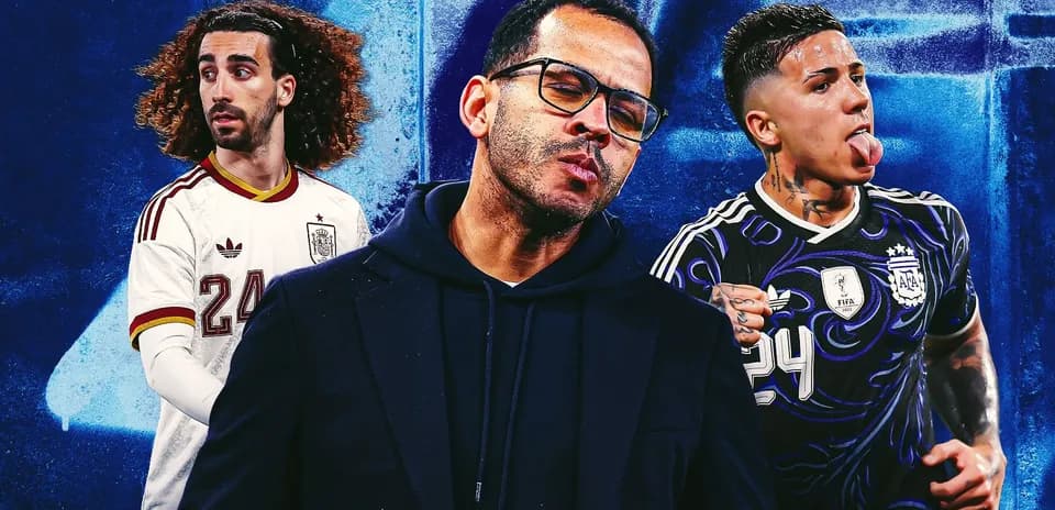 Three soccer players in action poses with vibrant background