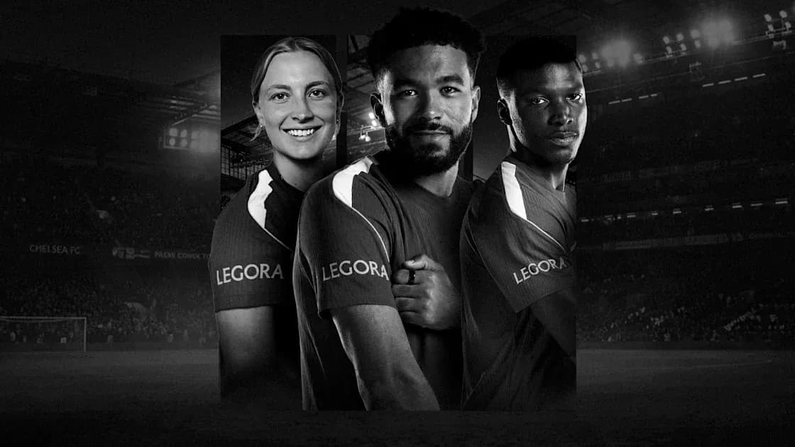 Three Chelsea FC players posing for promotional image