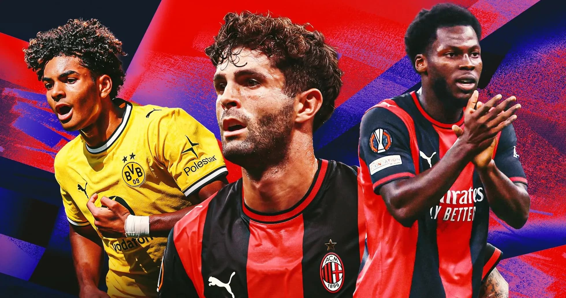 Three soccer players from different clubs in action