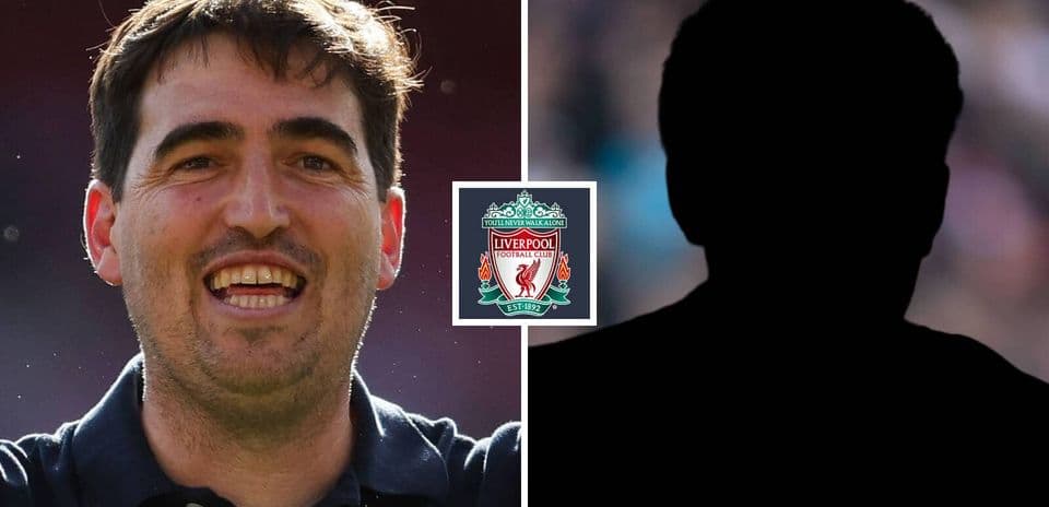 Smiling coach alongside Liverpool FC logo and silhouette