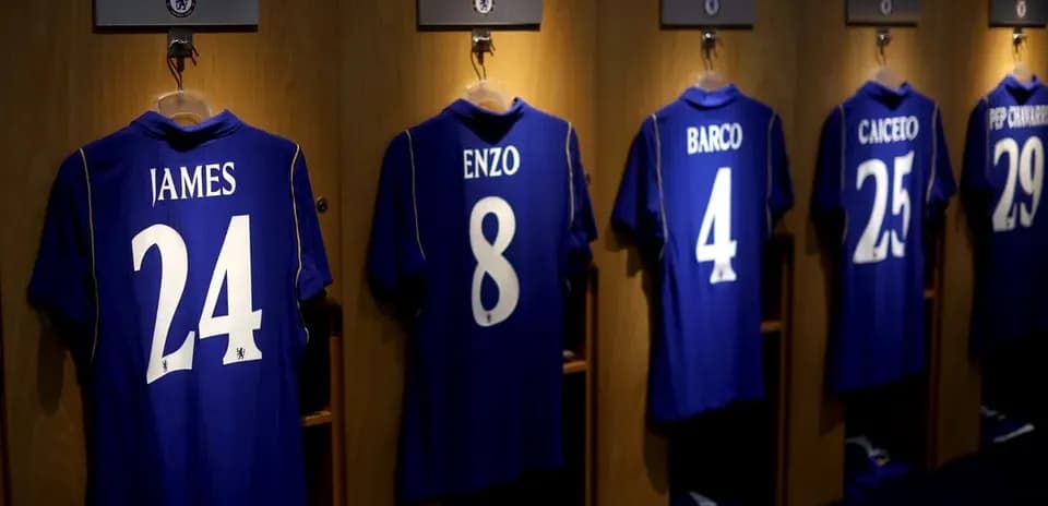 Chelsea jerseys hanging in locker room