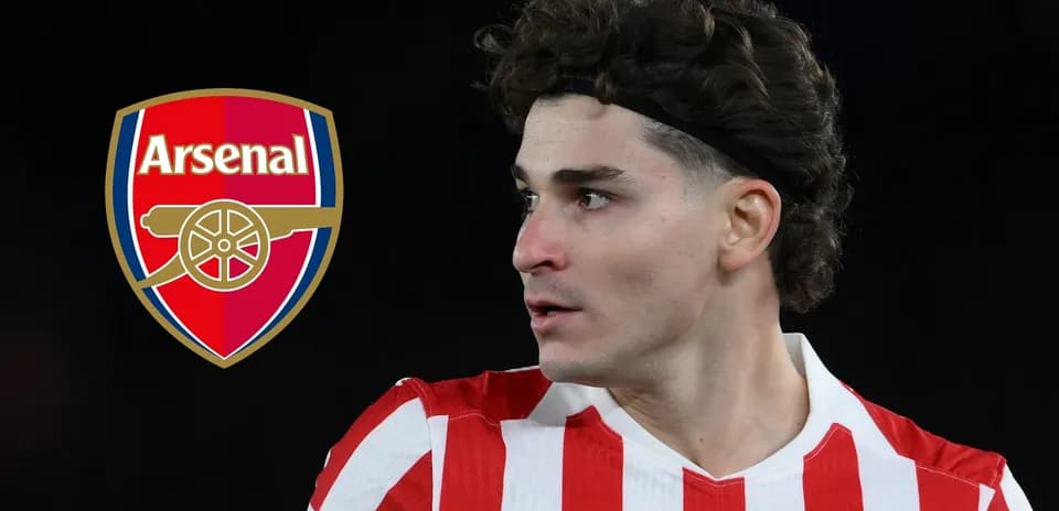 Player in red and white stripes next to Arsenal logo