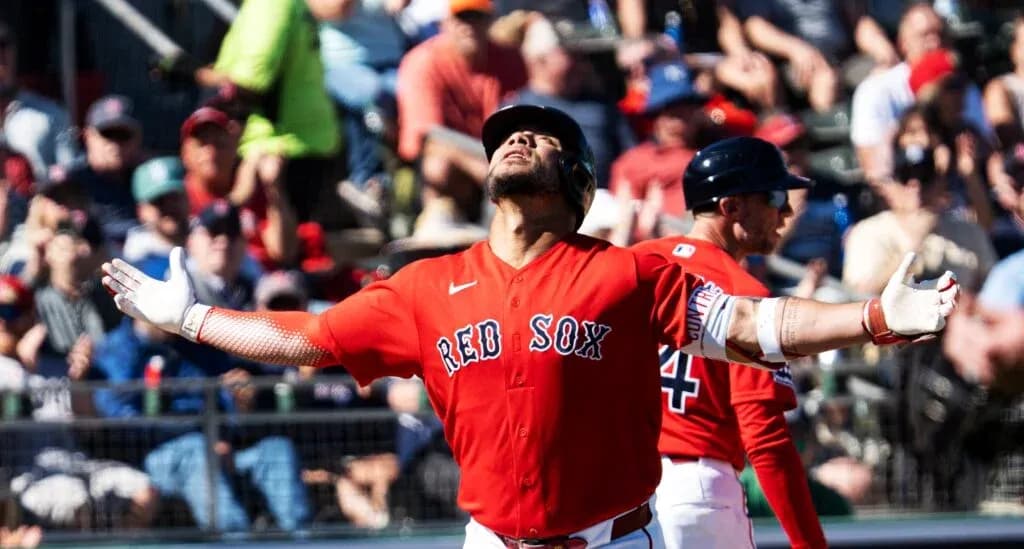 Red Sox player celebrating during spring training game