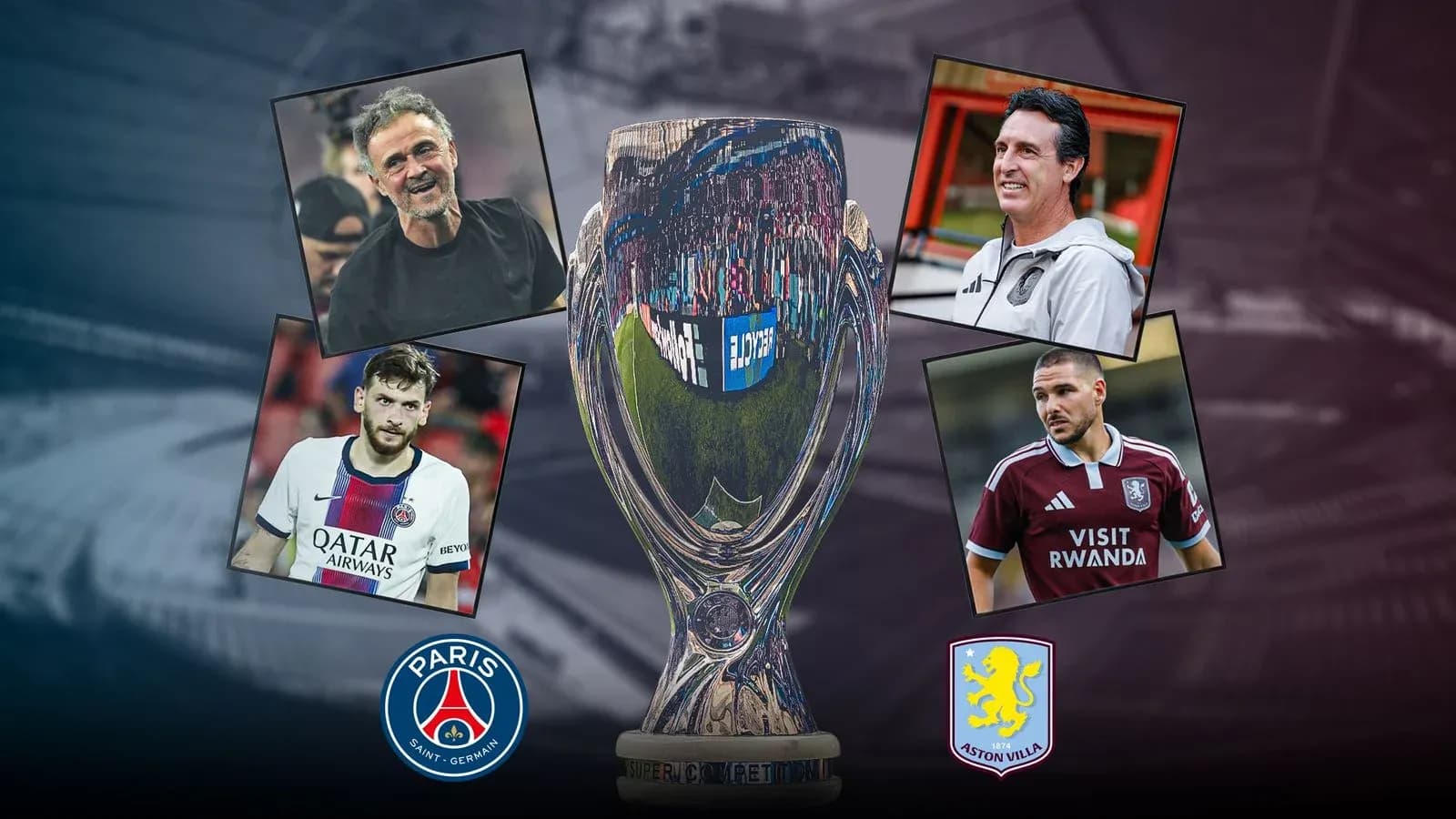 Coaches and players around Super Cup trophy