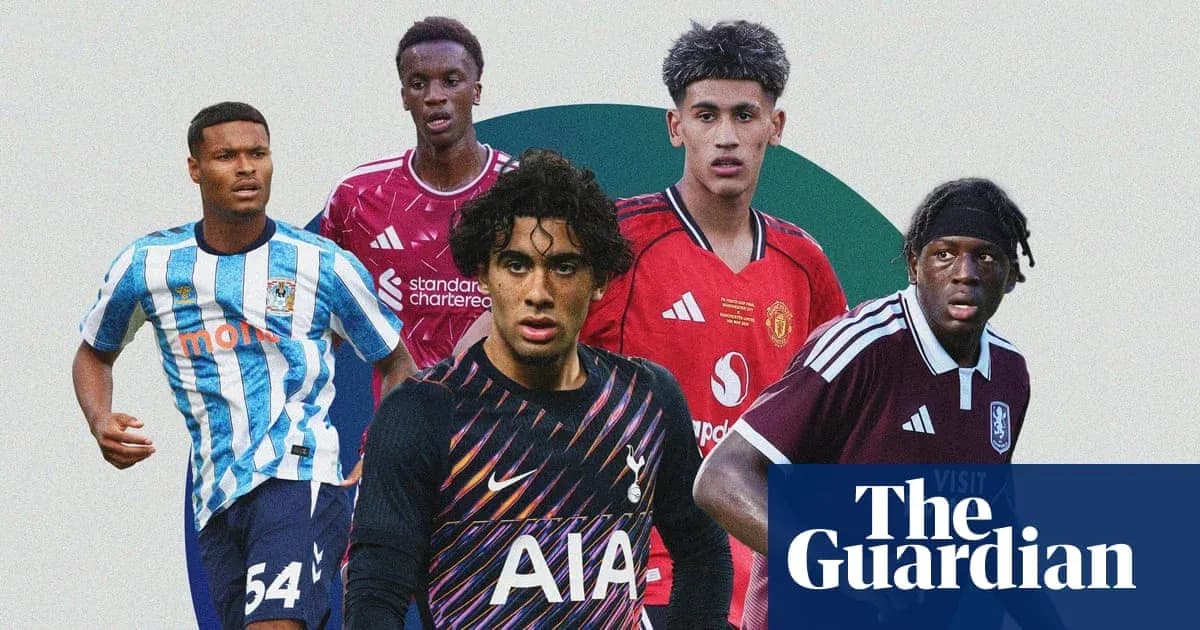 Five young football players in team kits