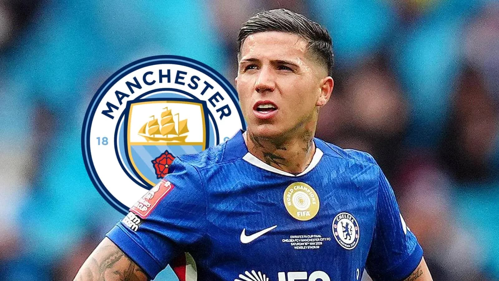 Player in Chelsea kit with Manchester City logo backdrop