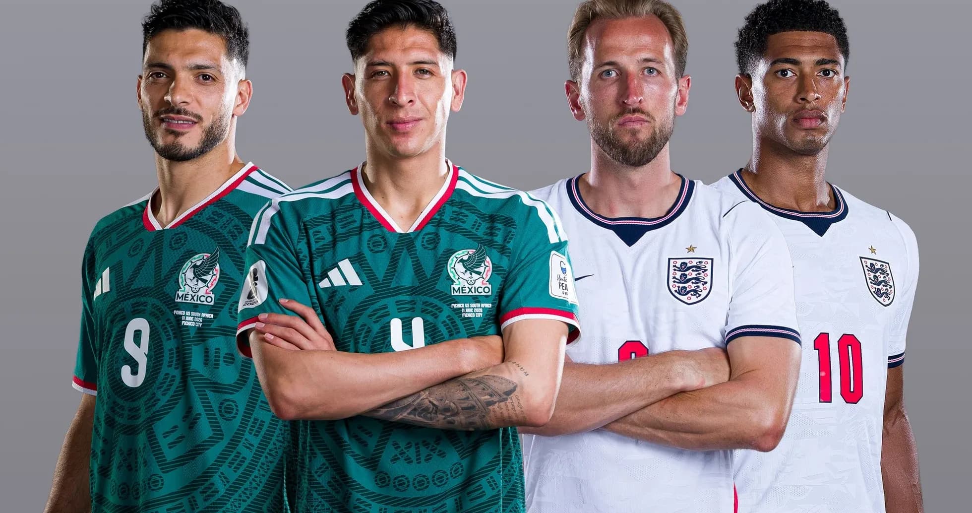 Mexico and England players posing for World Cup