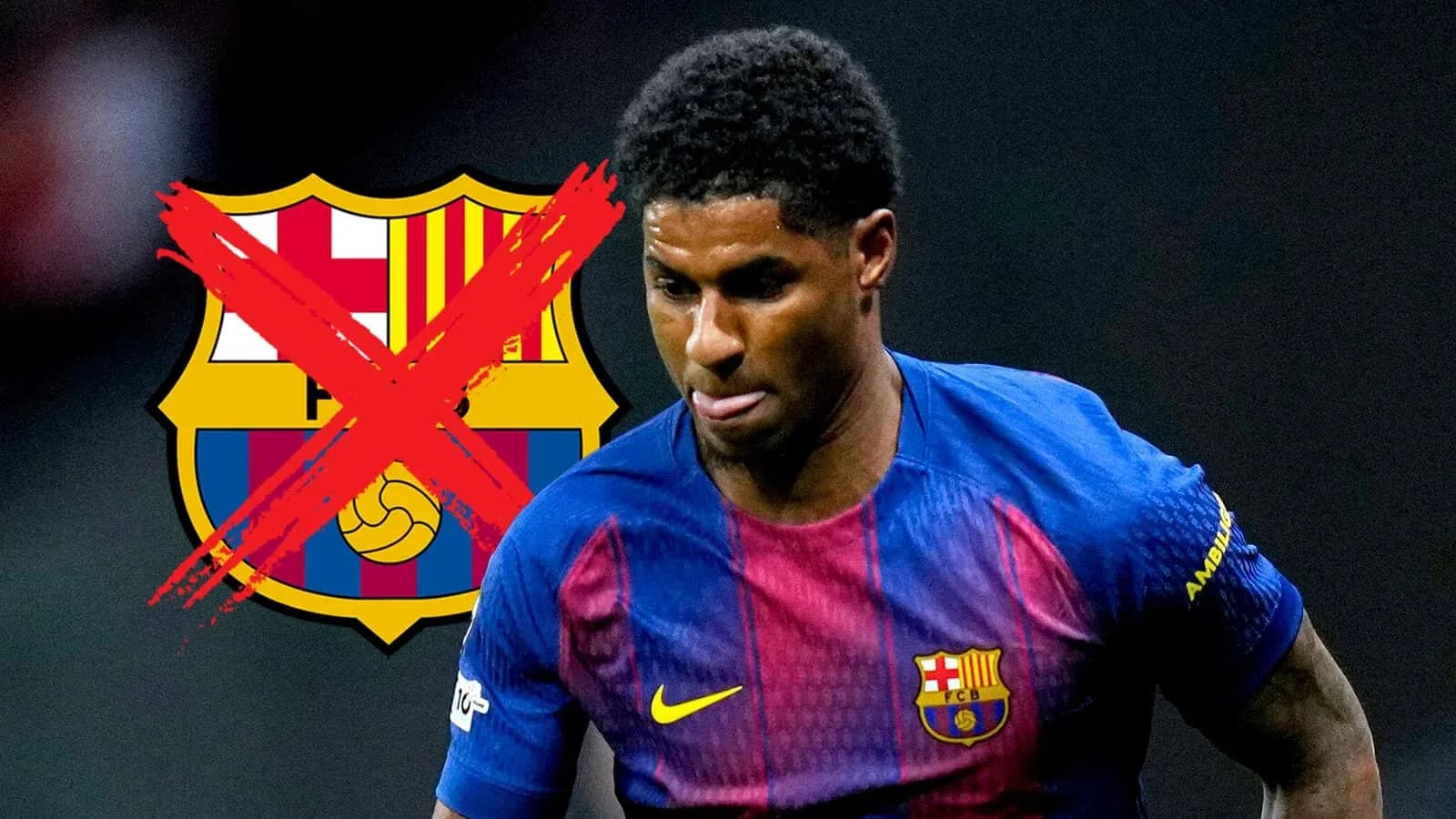 Player in Barcelona jersey with crossed-out logo