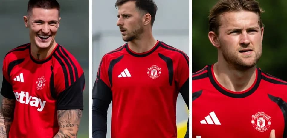 Three Manchester United players in training shirts