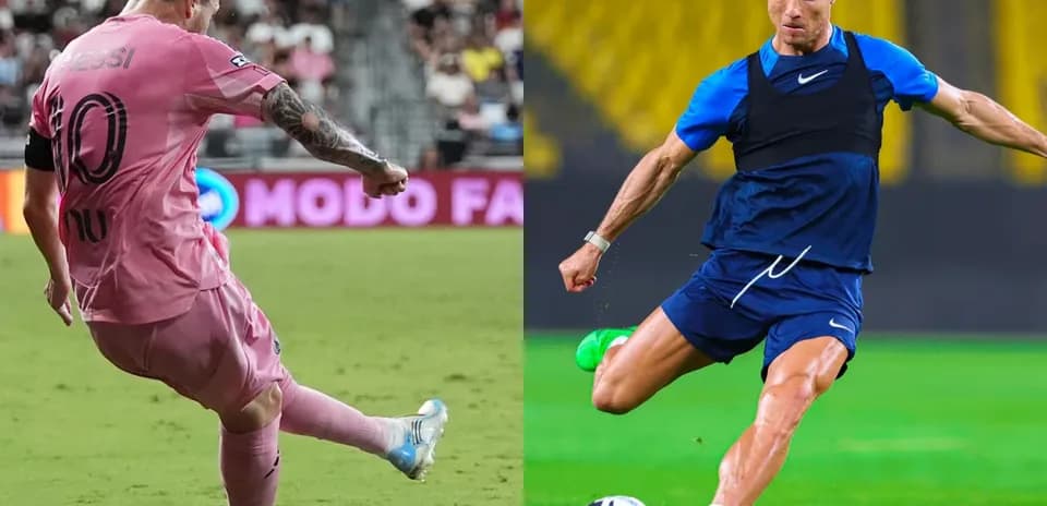 Messi kicking a ball in pink kit, Ronaldo training