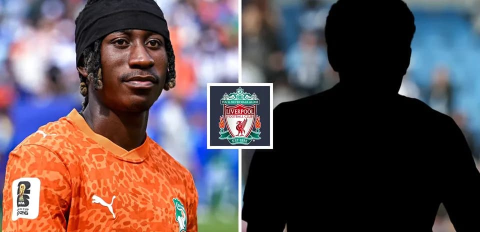 Player in orange kit with Liverpool logo background