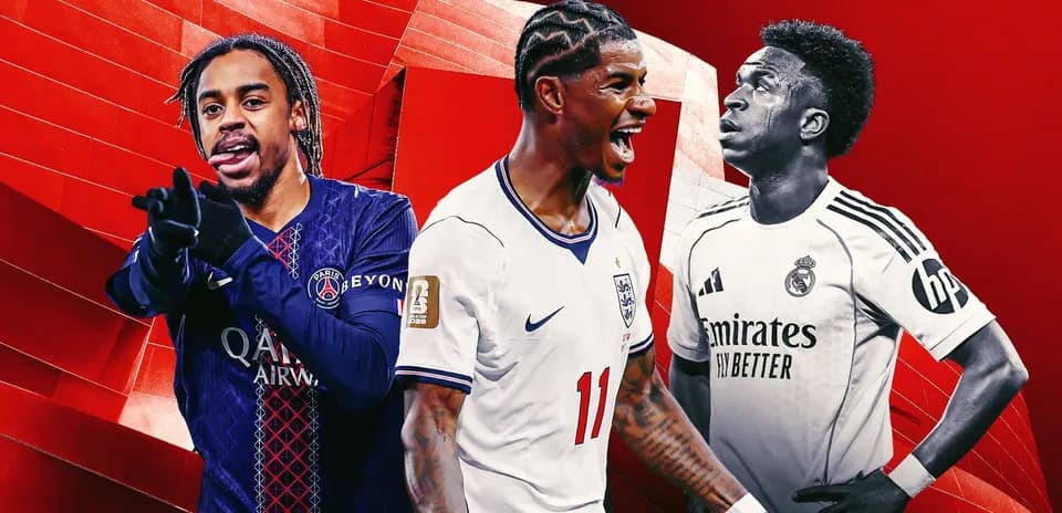 Three football players in club jerseys against red background