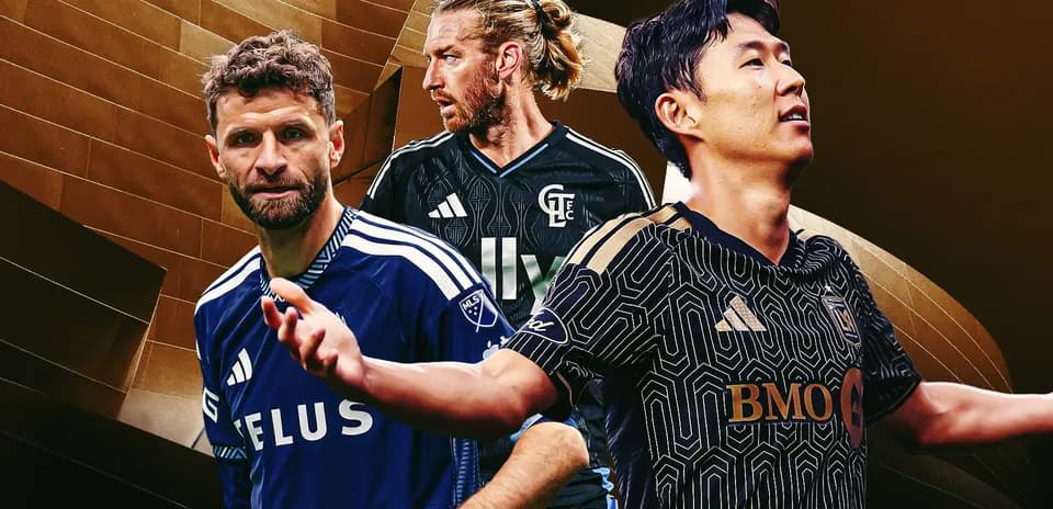 Three soccer players in team jerseys posing together