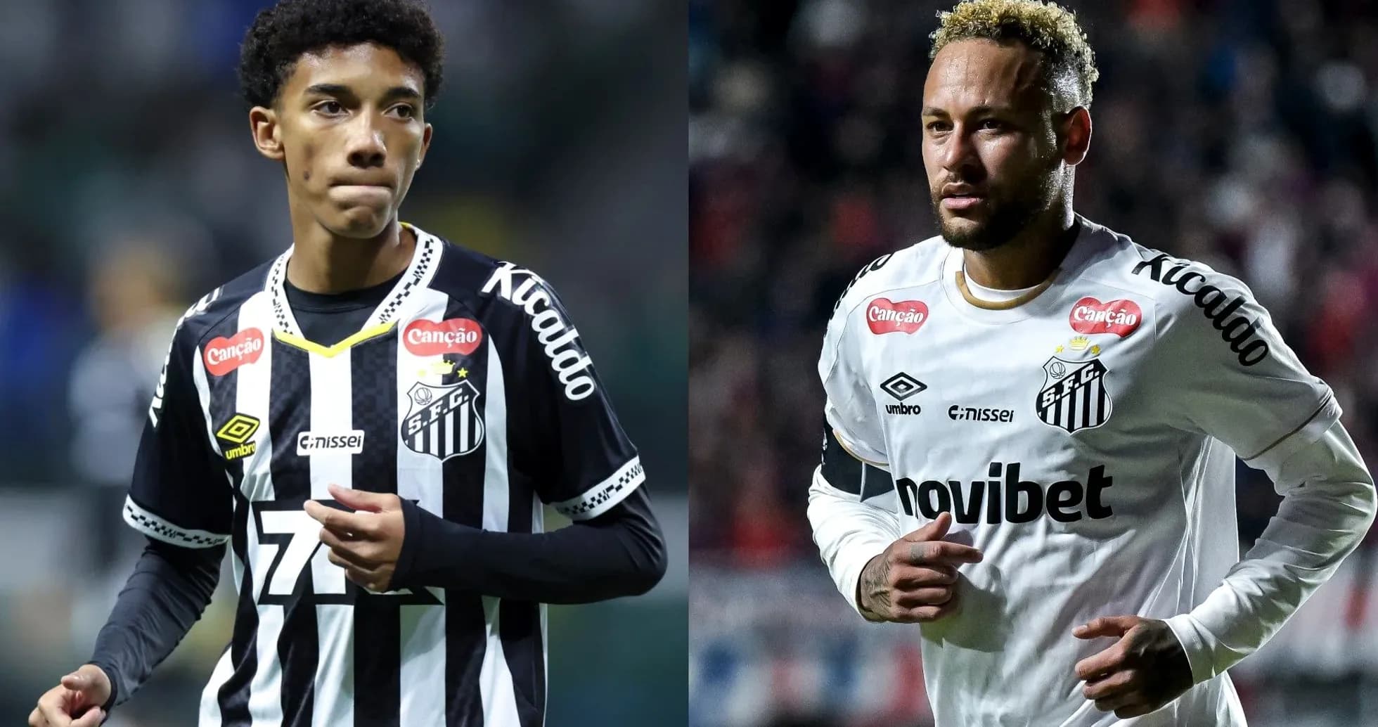 Two Santos FC players in team jerseys during match