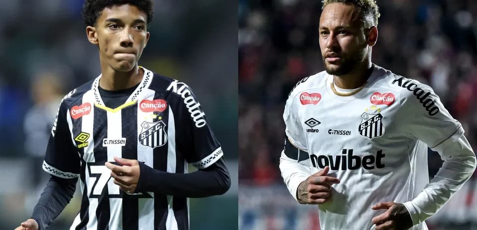 Two Santos FC players in team jerseys during match