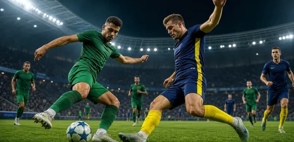 Players competing for the ball in Champions League match