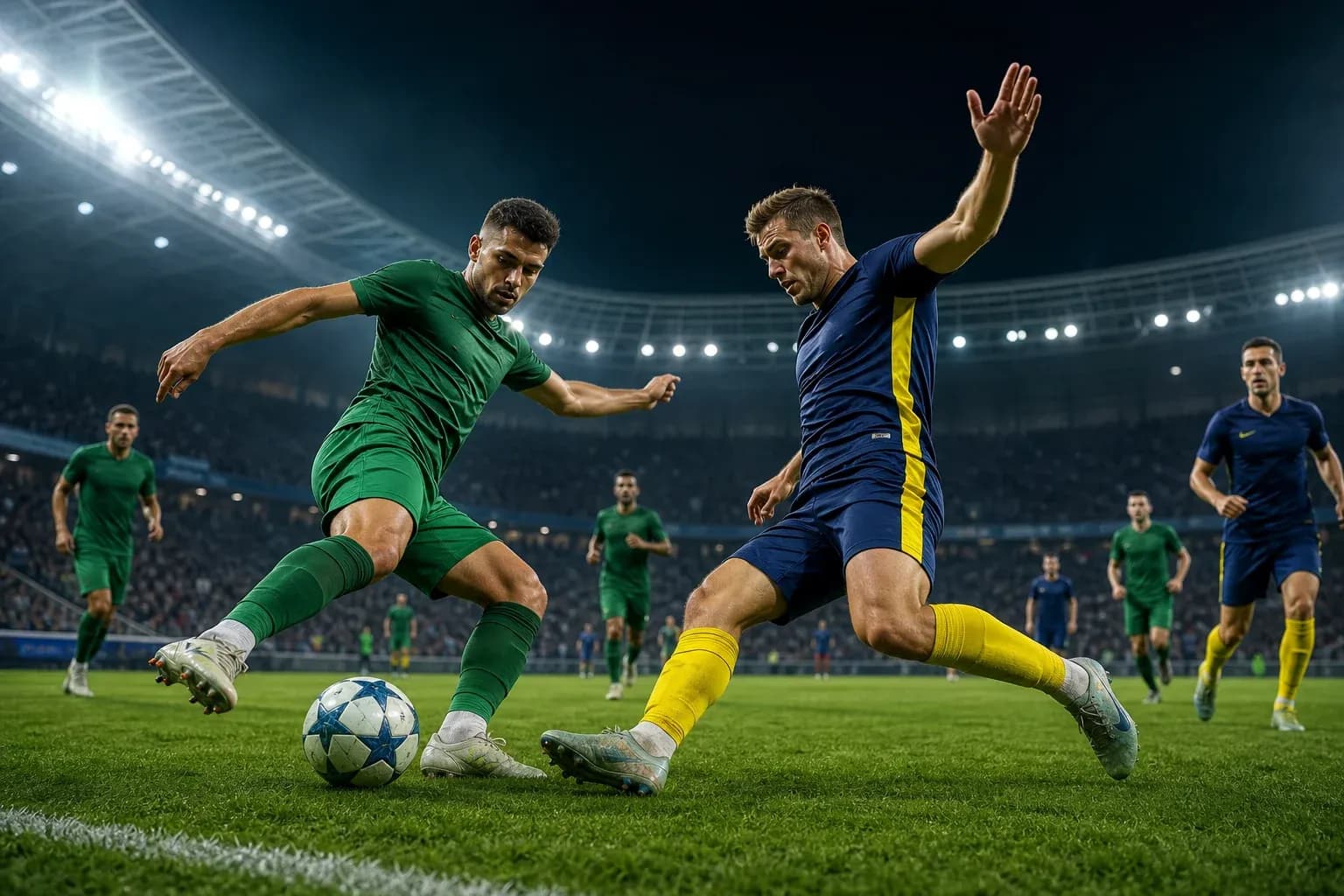 Players competing for the ball in Champions League match
