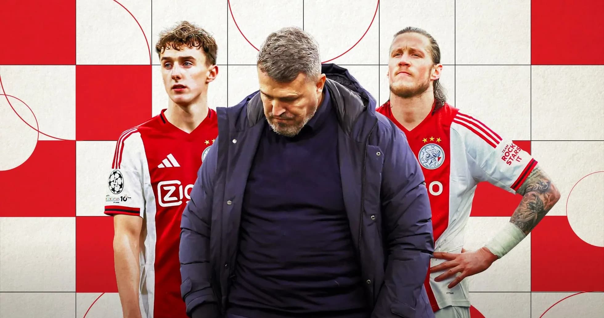 Three Ajax players and coach against a red background