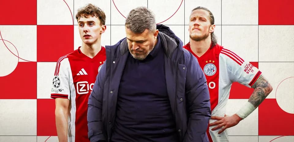 Three Ajax players and coach against a red background