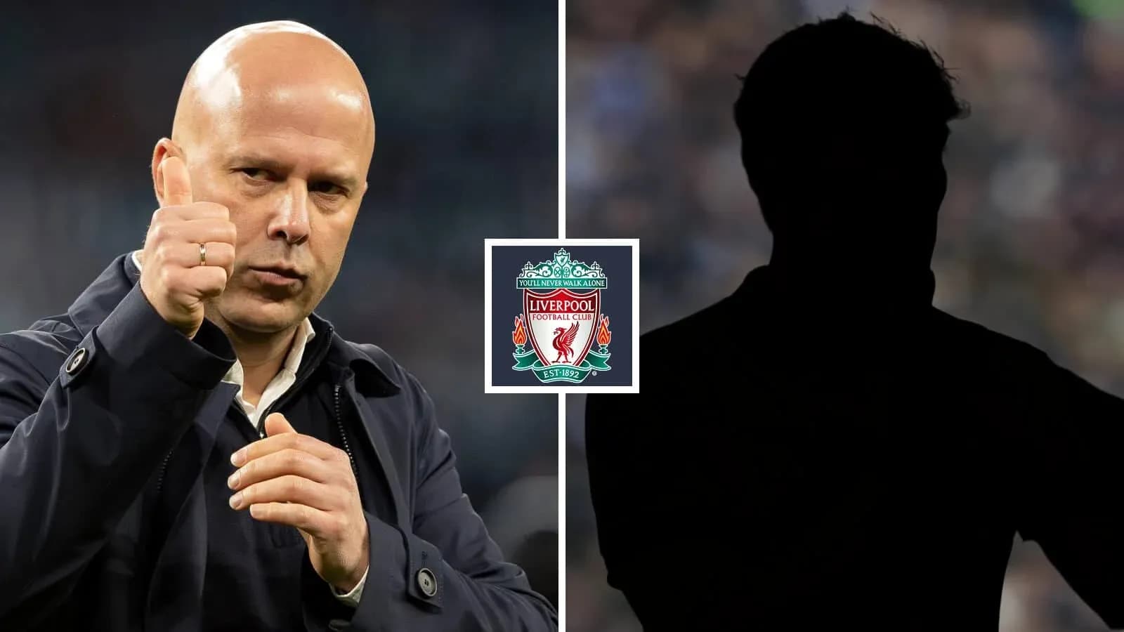 Manager gesturing with thumbs up beside Liverpool logo