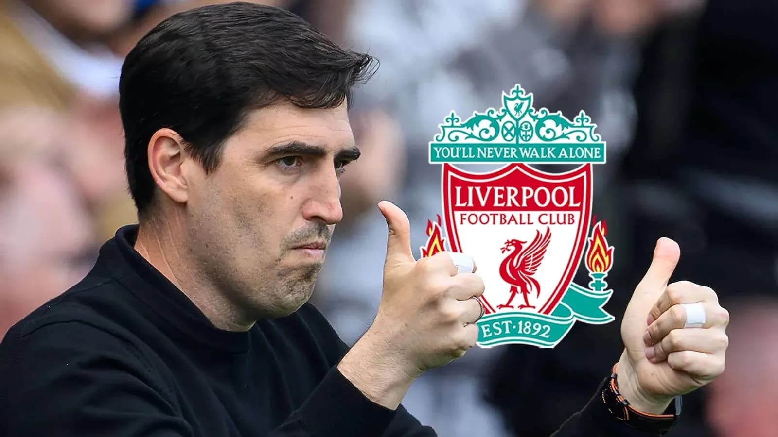 Coach giving thumbs up with Liverpool logo background