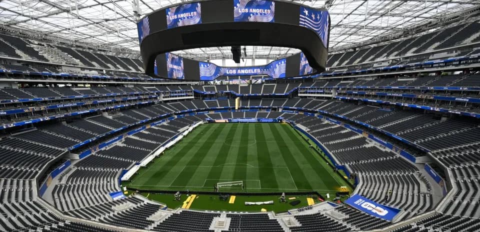 Interior view of stadium with empty seats and field