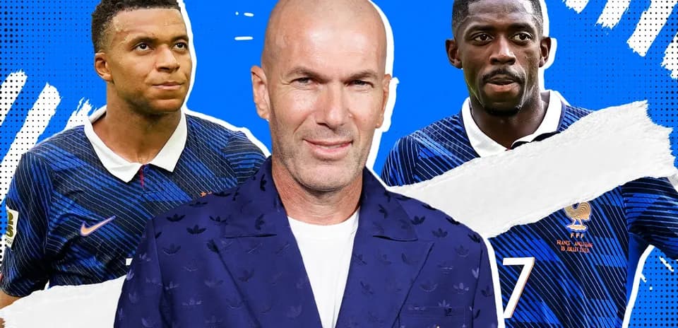 Kylian Mbappé, Zinedine Zidane, and Ousmane Dembélé collage