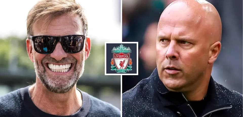 Two football managers with Liverpool logo in center
