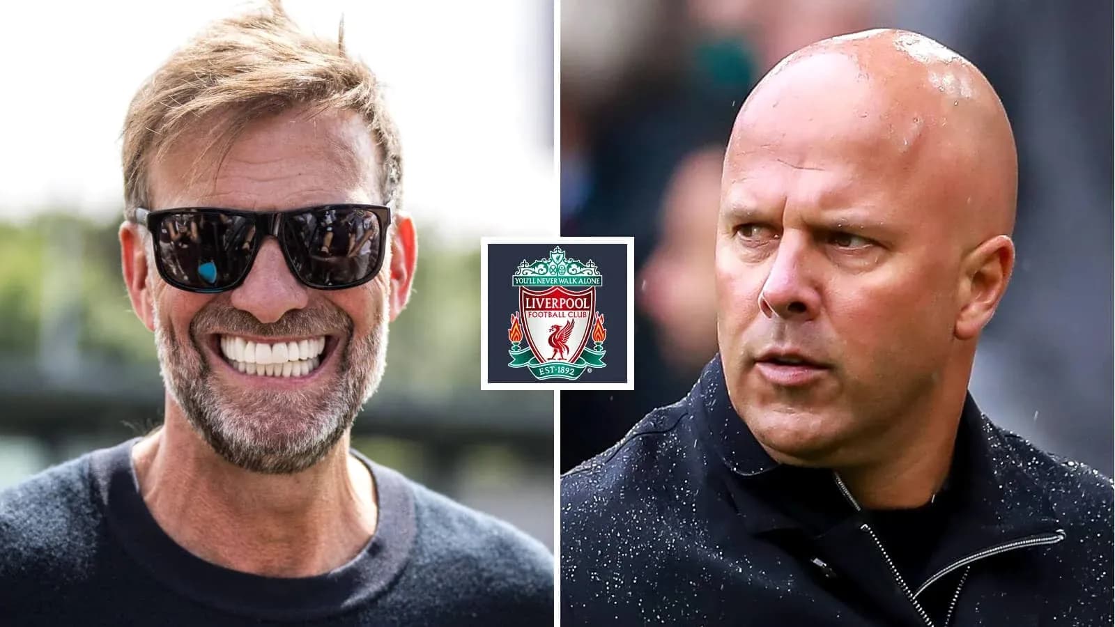 Two football managers with Liverpool logo in center
