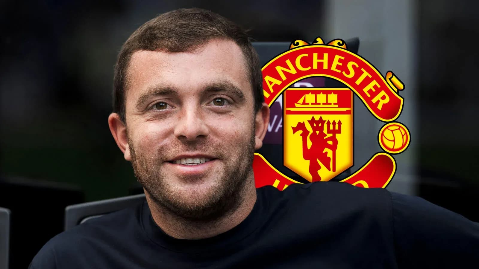 Person smiling with Manchester United logo in background