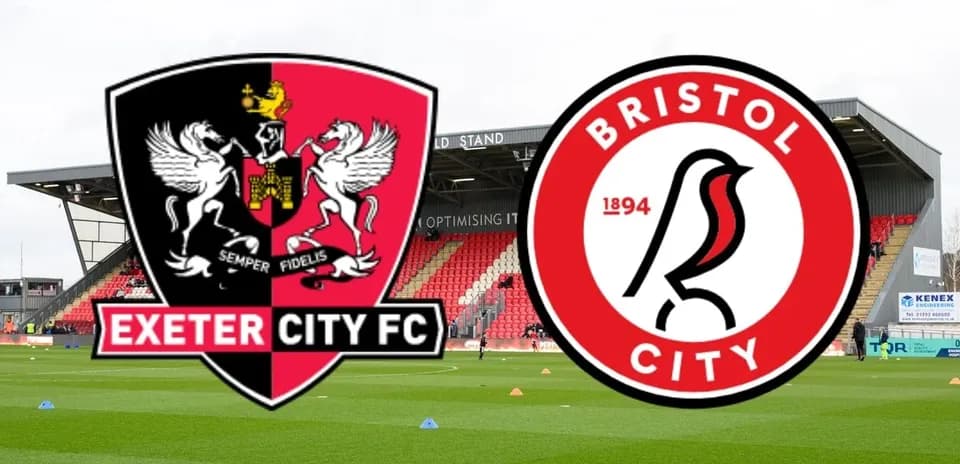 Logos of Exeter City and Bristol City with stadium background