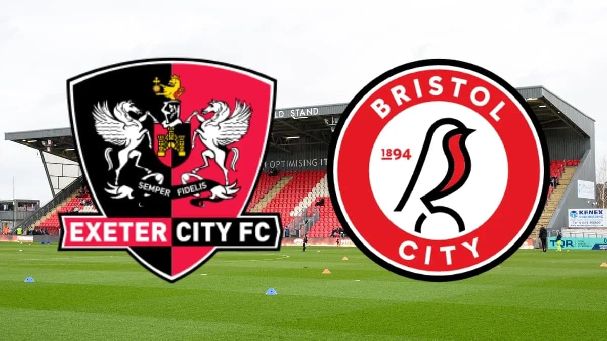 Logos of Exeter City and Bristol City with stadium background