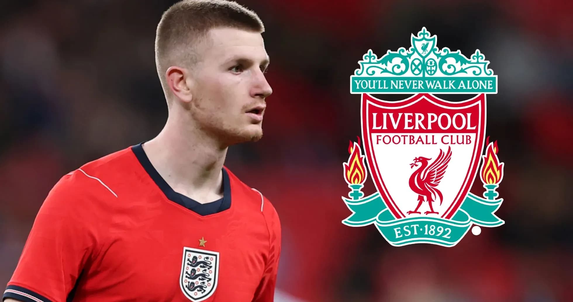 Player in England kit next to Liverpool FC logo