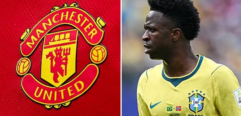 Manchester United logo and Vinicius Jr. playing for Brazil