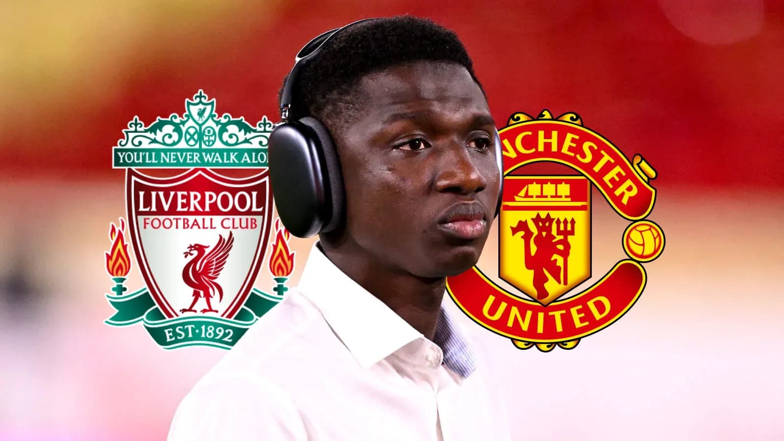 Player wearing headphones with team logos in background