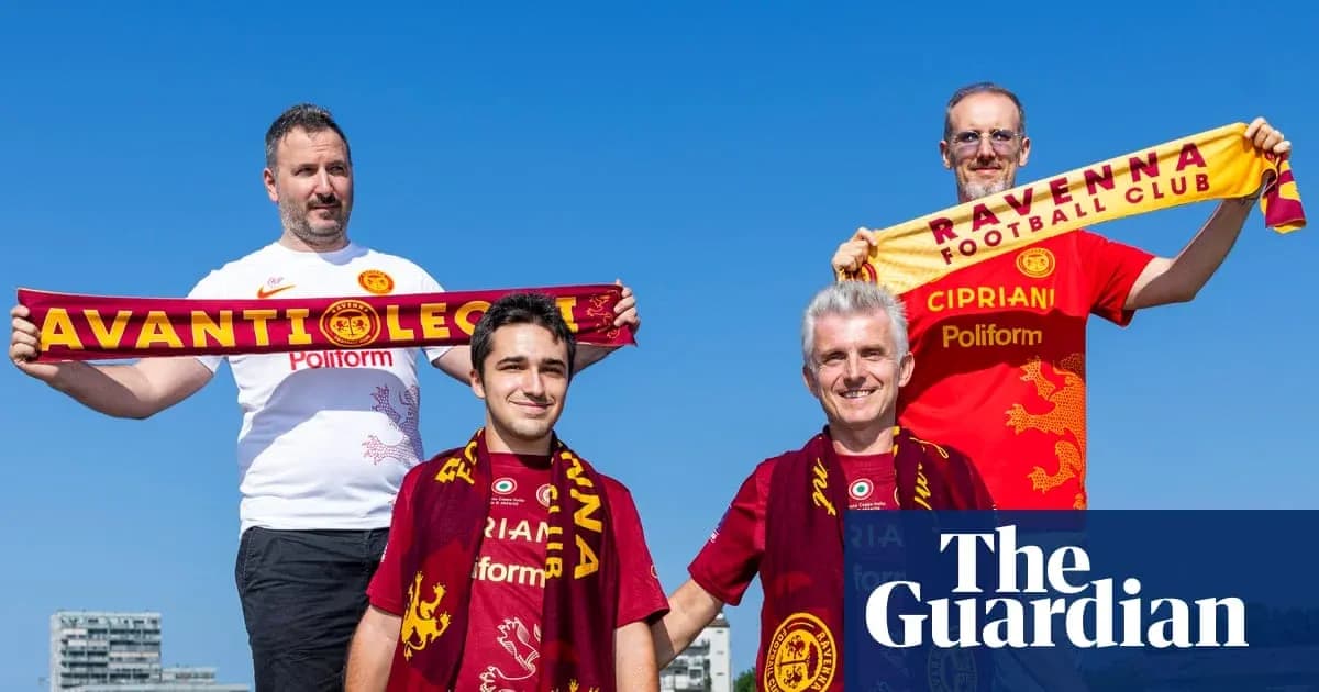 Four fans holding scarves of Ravenna Football Club Four fans holding scarves of Ravenna Football Club