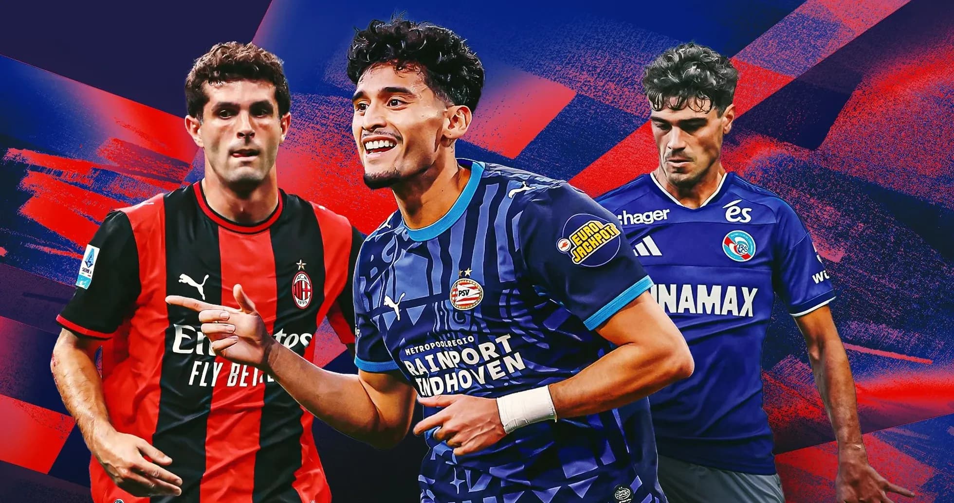 Three football players in team jerseys on colorful background Three football players in team jerseys on colorful background