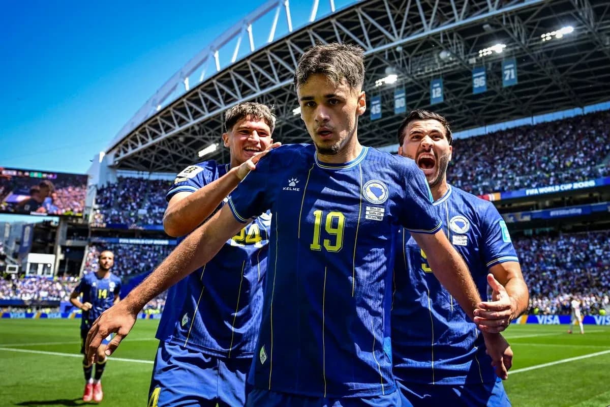Players celebrating a goal during FIFA World Cup match Players celebrating a goal during FIFA World Cup match