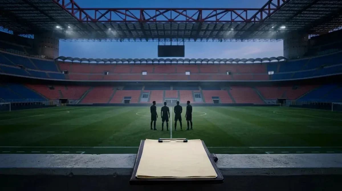 Referees discussing before match at empty stadium Referees discussing before match at empty stadium
