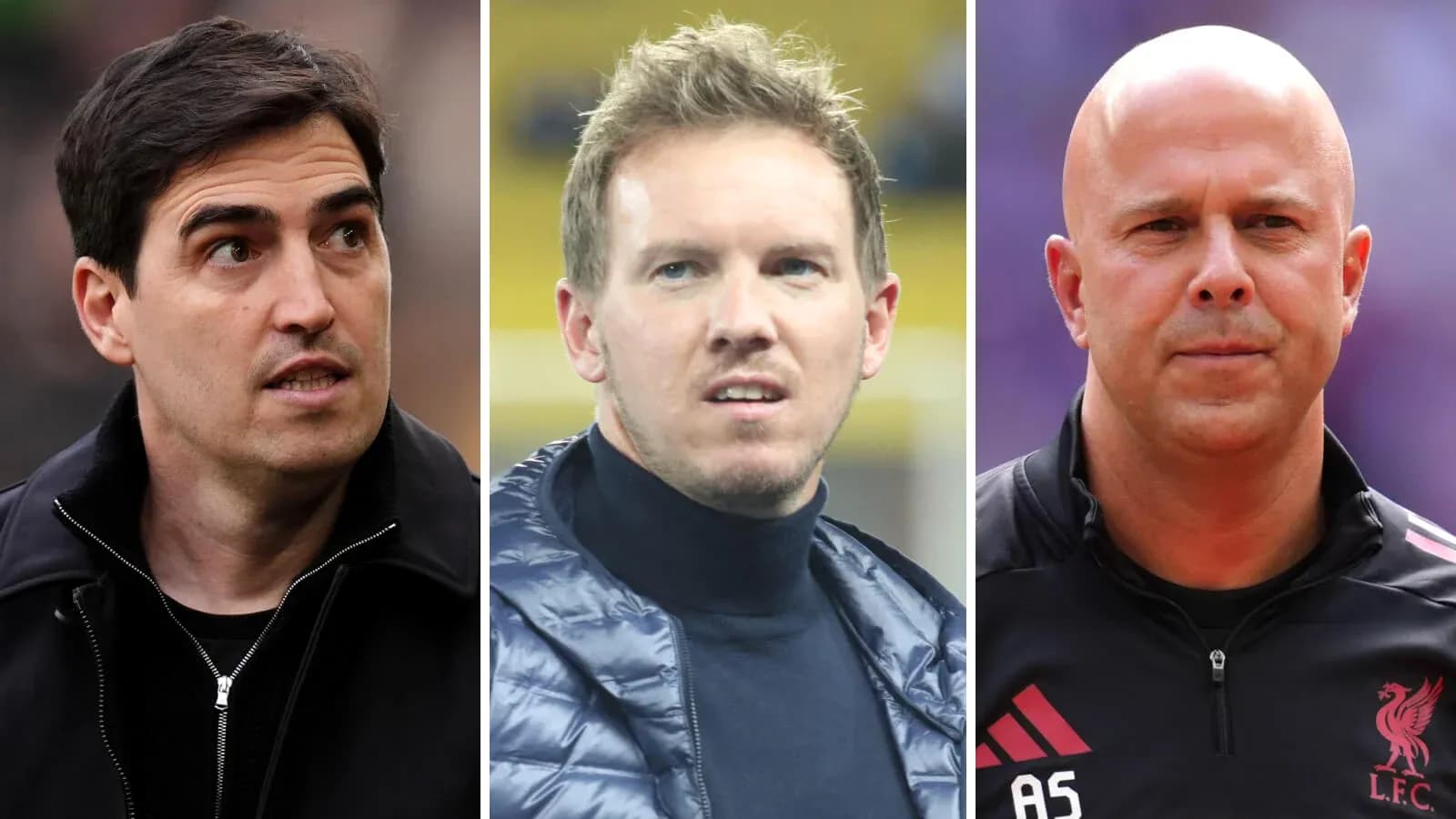 Three football managers looking ahead during match Three football managers looking ahead during match