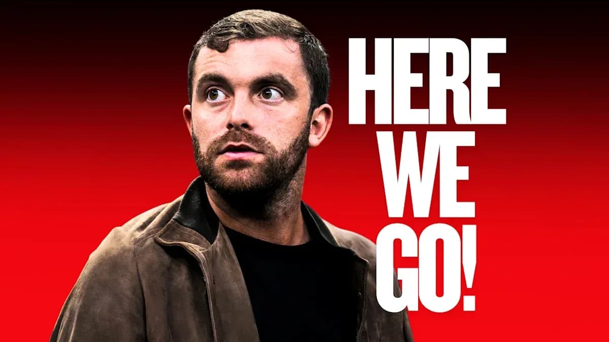 Person looking up with bold text 'HERE WE GO!' Person looking up with bold text 'HERE WE GO!'