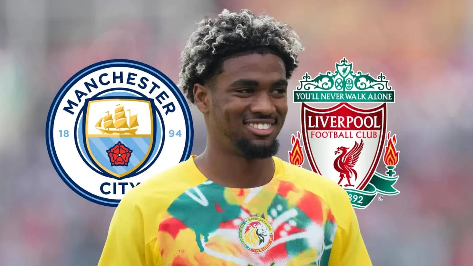 Player smiling with Manchester City and Liverpool logos Player smiling with Manchester City and Liverpool logos