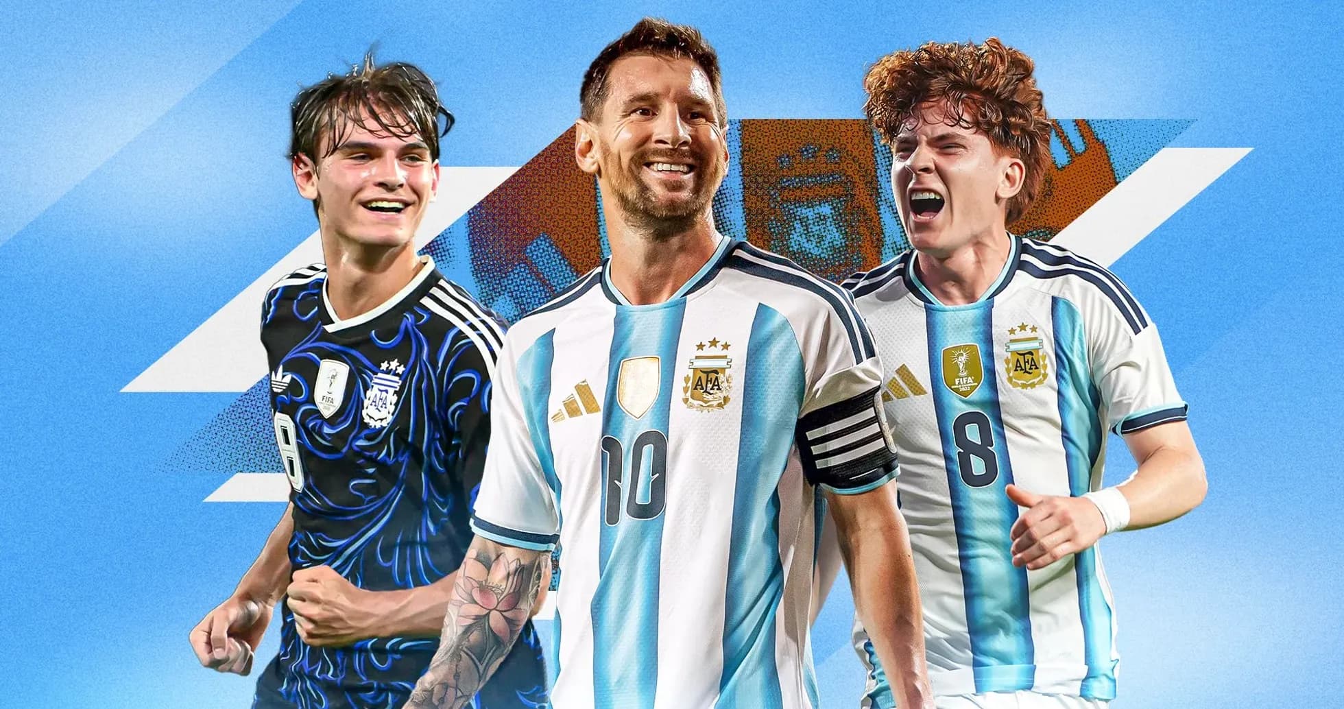 Three Argentine players celebrating with blue background Three Argentine players celebrating with blue background
