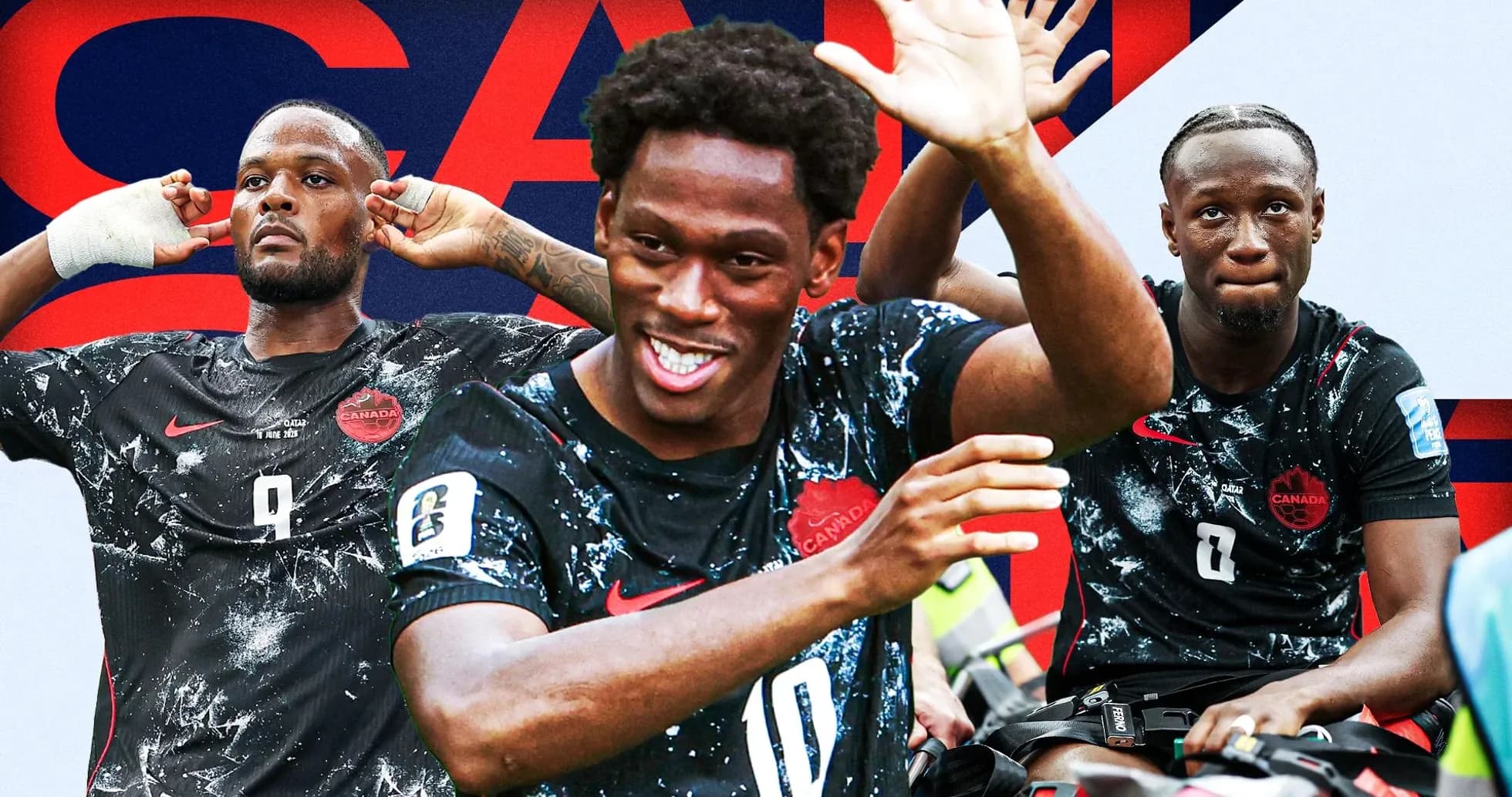 Three Canadian soccer players celebrating on the field Three Canadian soccer players celebrating on the field
