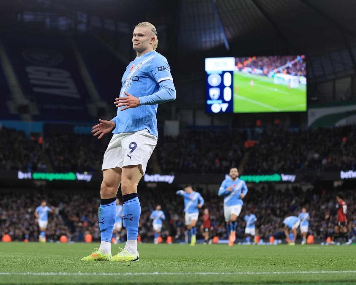 Erling Haaland celebrating during Manchester City match Erling Haaland celebrating during Manchester City match