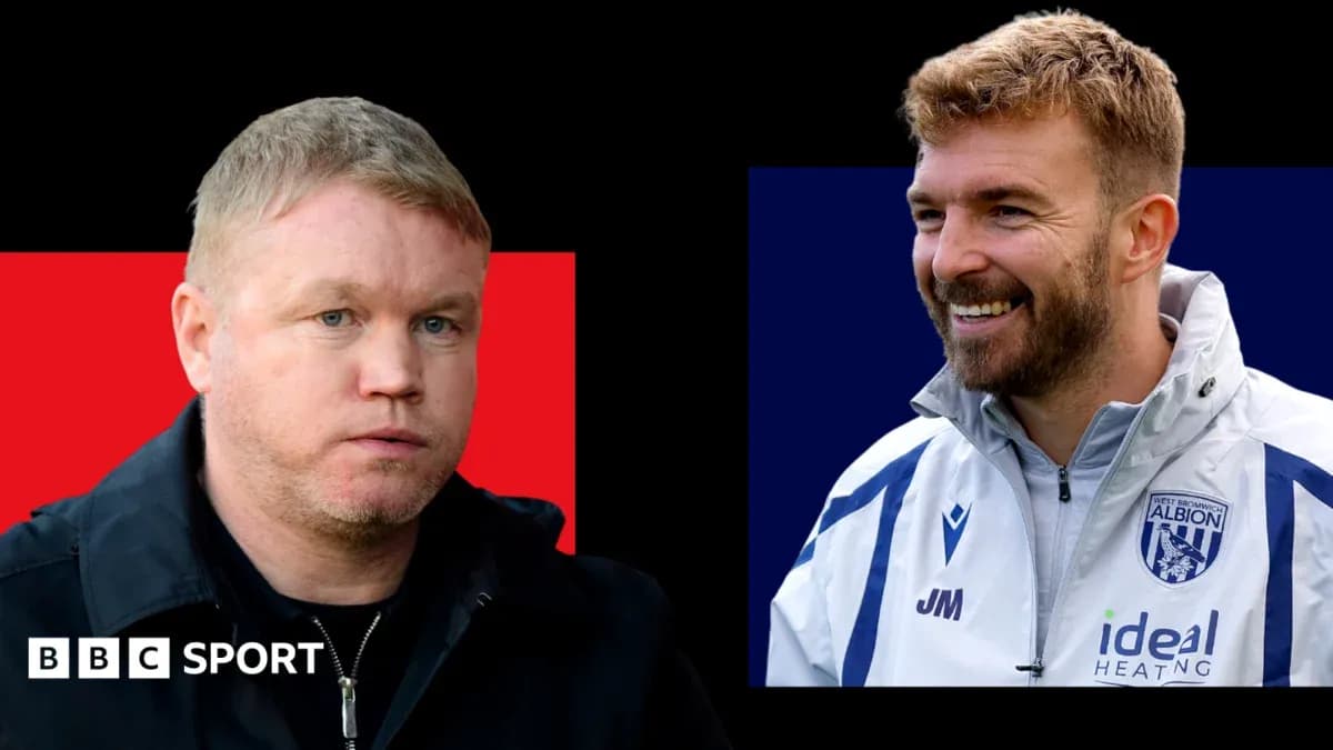 Two football managers in contrasting poses Two football managers in contrasting poses