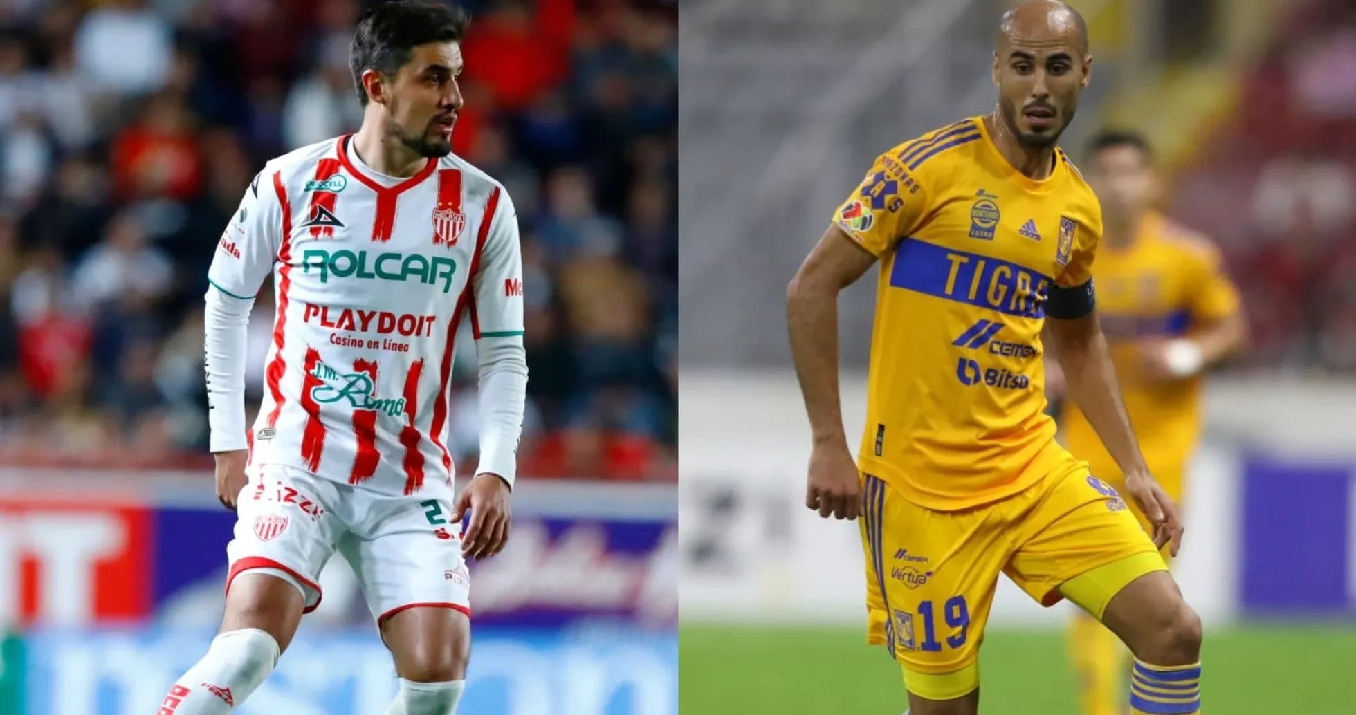 Tigres UANL player and Necaxa player on field Tigres UANL player and Necaxa player on field