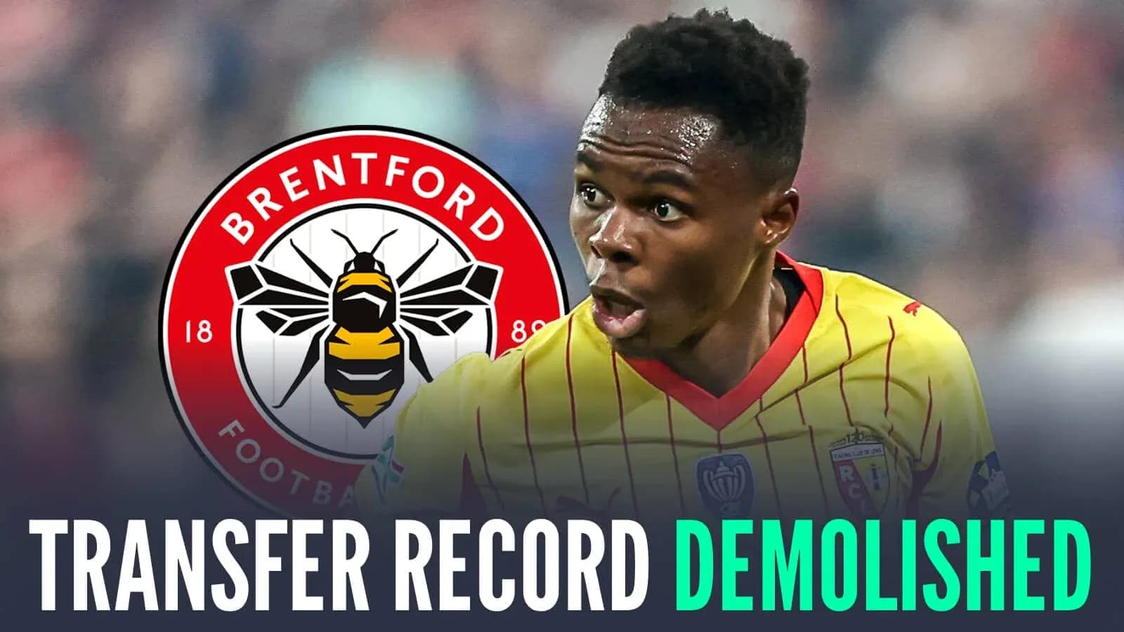 Player celebrating a transfer record with Brentford logo Player celebrating a transfer record with Brentford logo