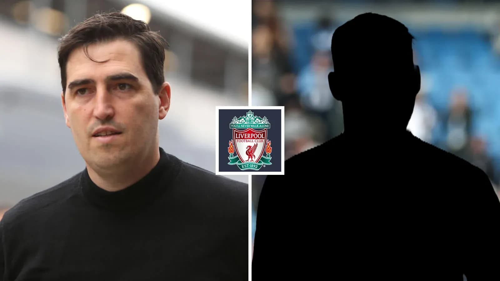 Man walking with Liverpool FC logo in background Man walking with Liverpool FC logo in background