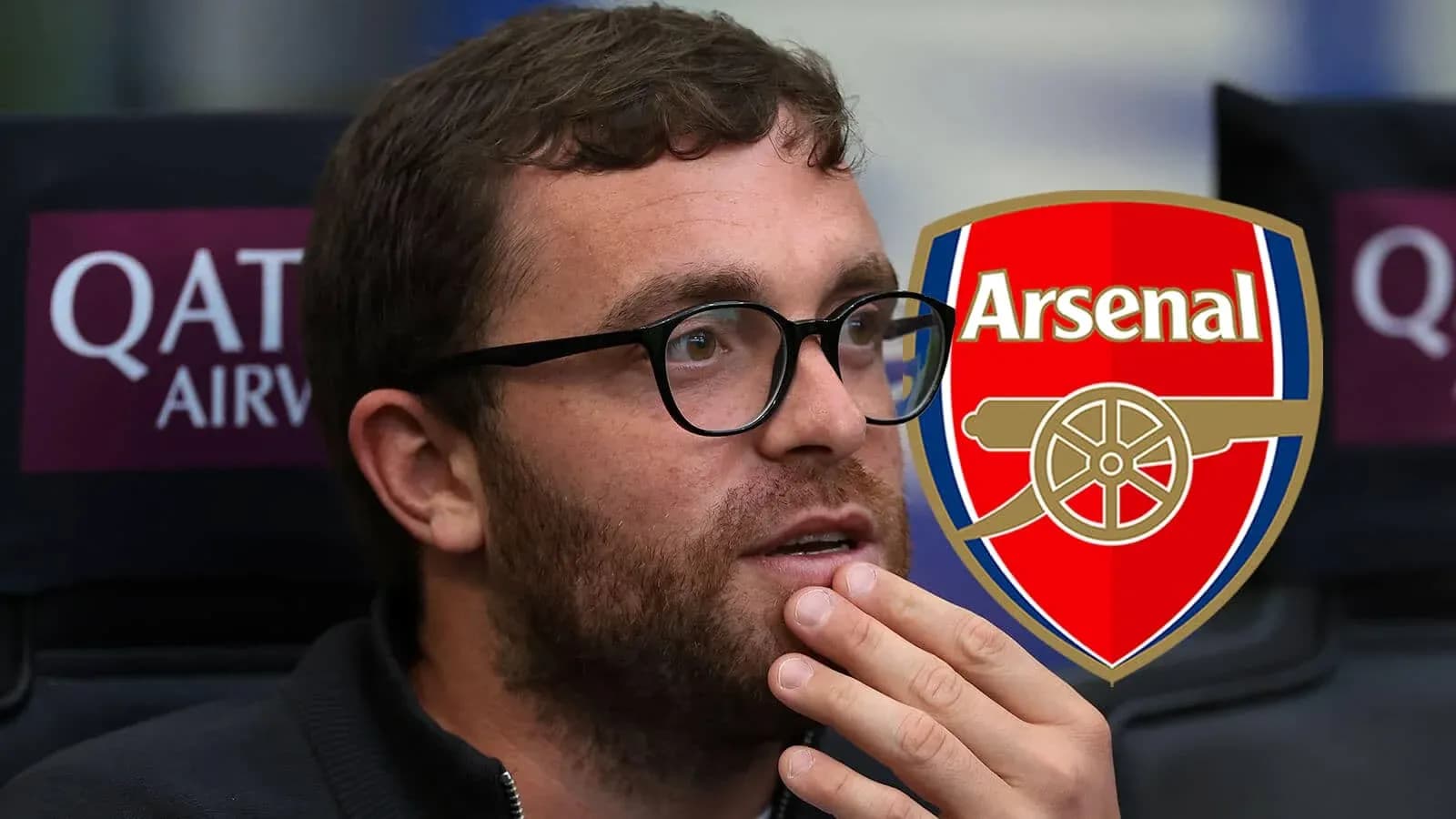 Man with glasses thinking, Arsenal logo in background Man with glasses thinking, Arsenal logo in background